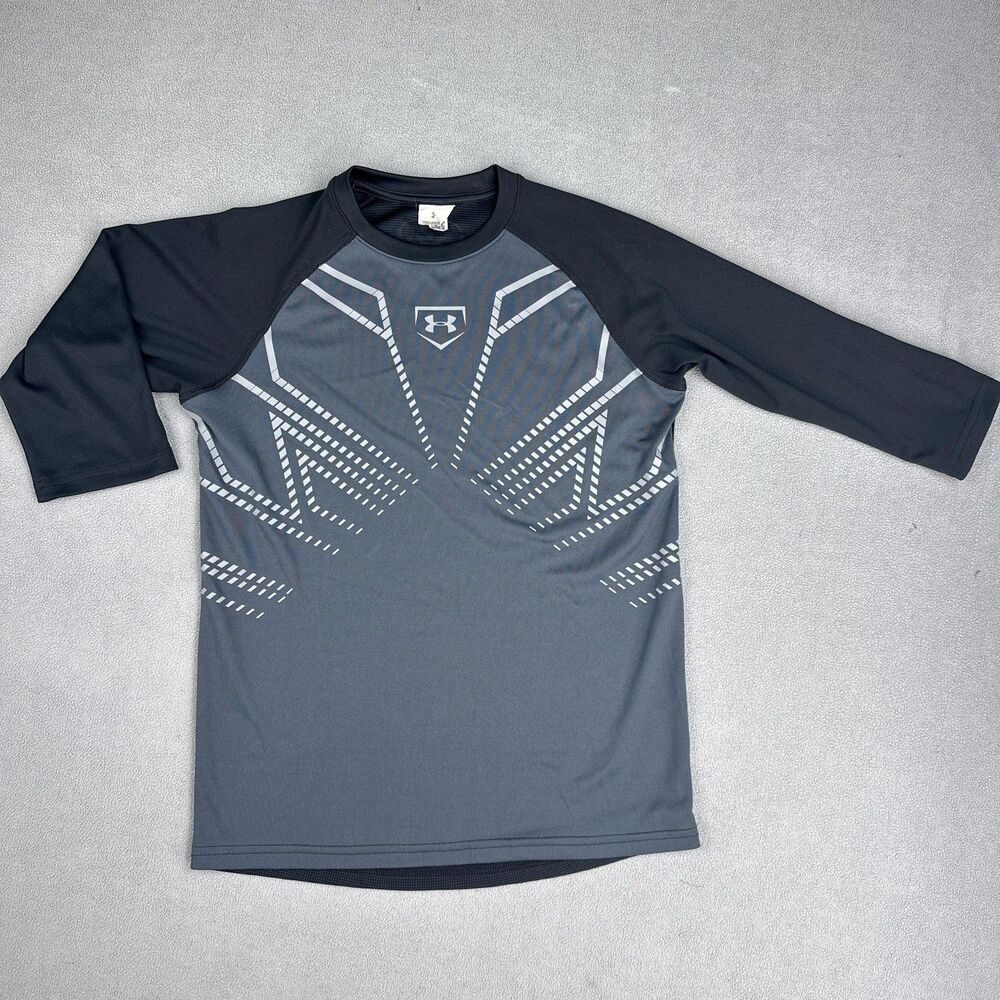 Under Armour Shirt Youth Medium Gray Black 3/4 Sleeve Baseball Jersey Top